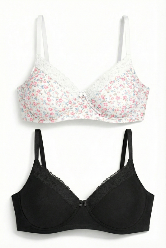 Munns & Mars Pack of 2 Cotton Lightly Padded T-Shirt Bra with lace Printed White and Black