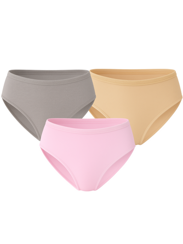 Mid Waist Hipster Panty With Outer Elastic Bundle Of 3 -- ( Grey, Beige, & Baby Pink )