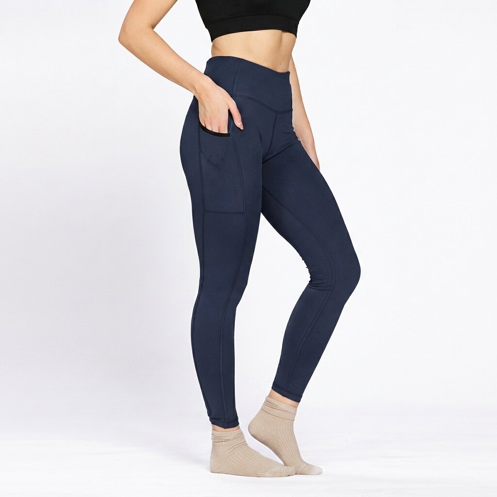 Navy Blue ankle-length training tights with pockets, on model — Munns & Mars