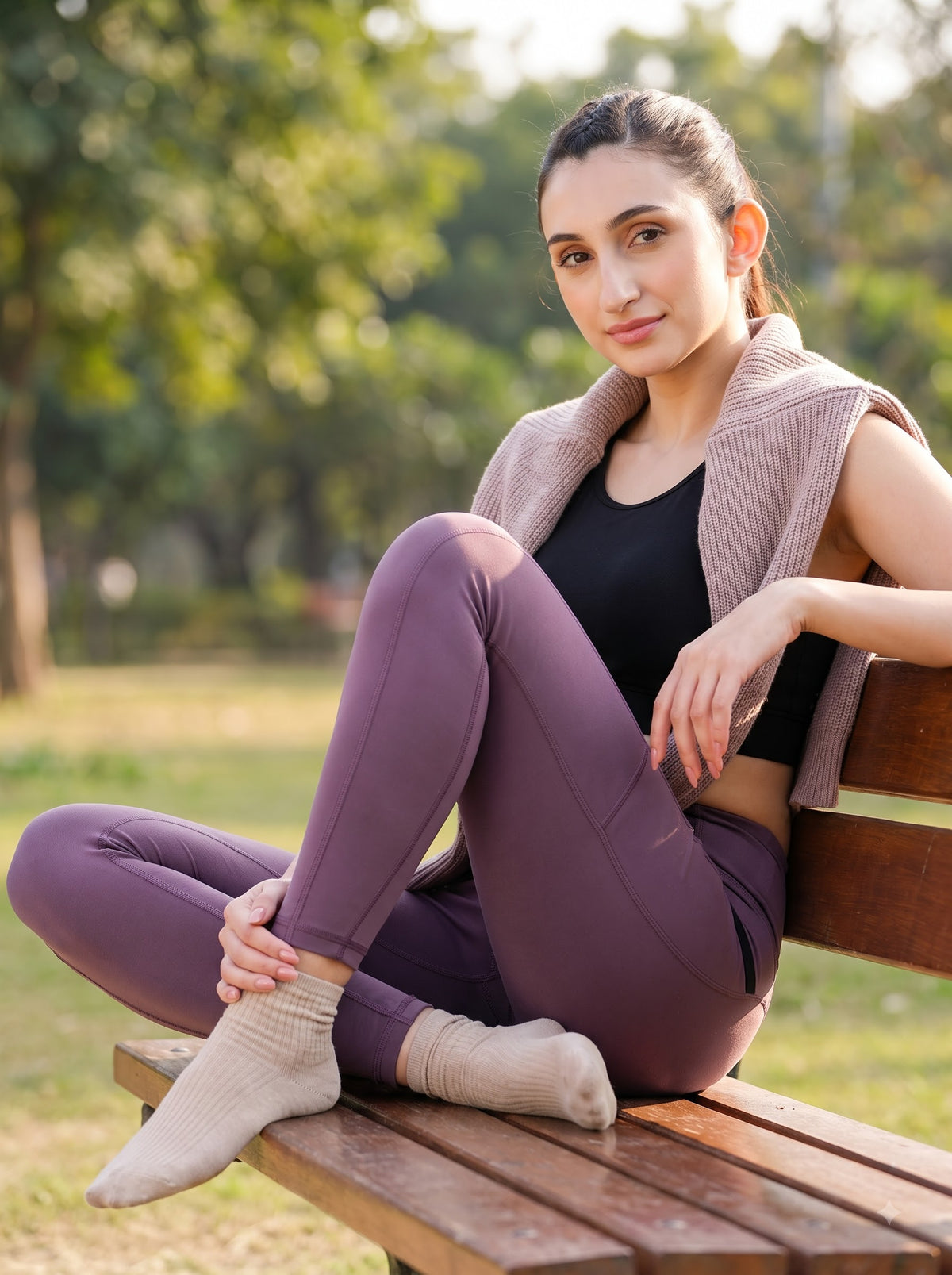 Onion Pink ankle-length training tights with pockets, on model — Munns & Mars