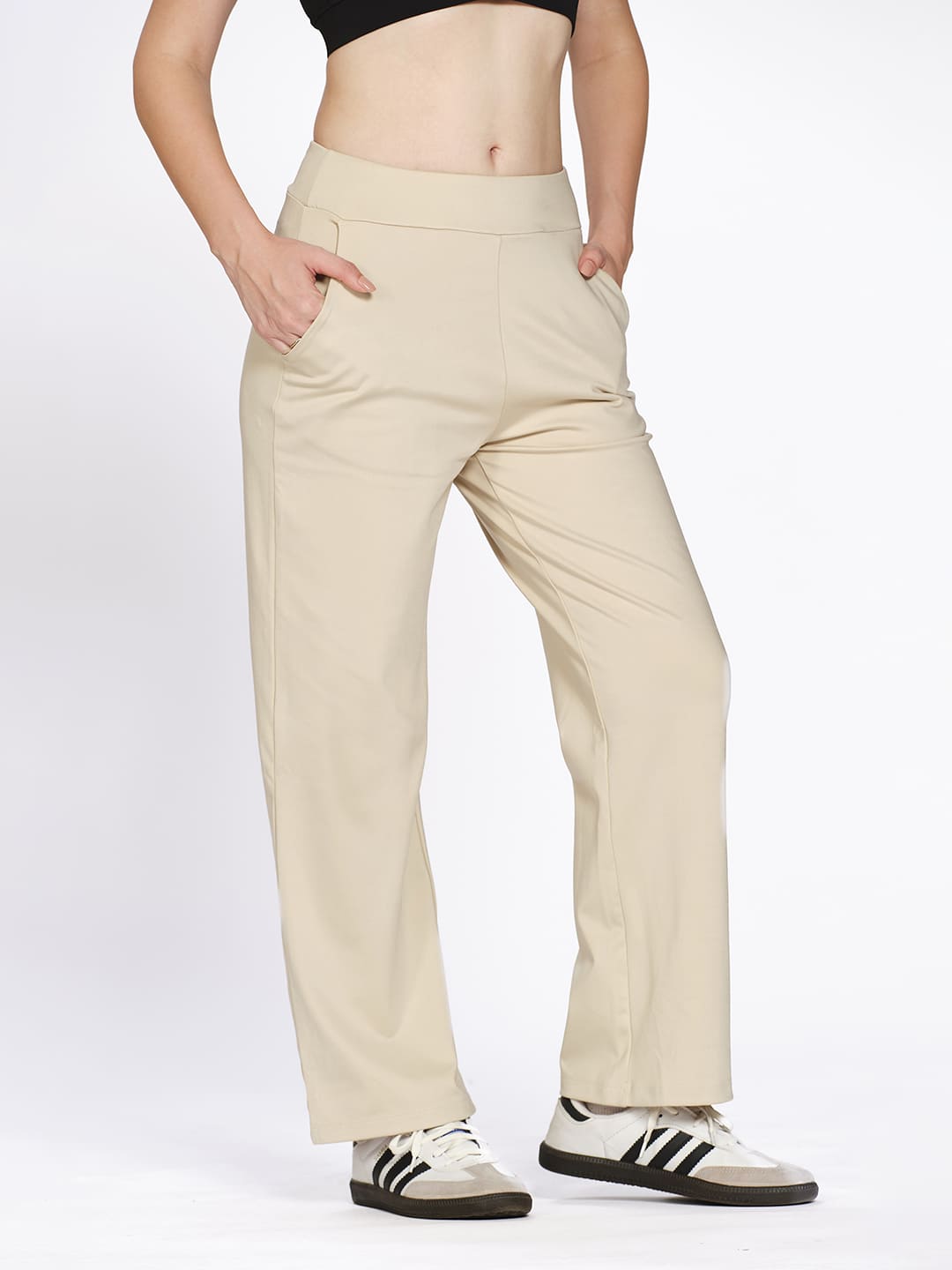 White Swan wide-leg stretch gym pant, on model — Munns & Mars