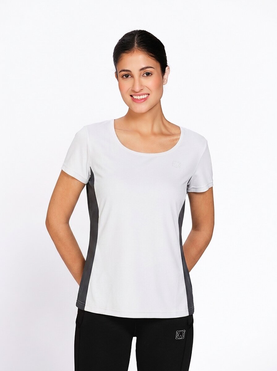 Dark Charcoal-White colourblocked rapid-dry performance t-shirt, on model — Munns & Mars