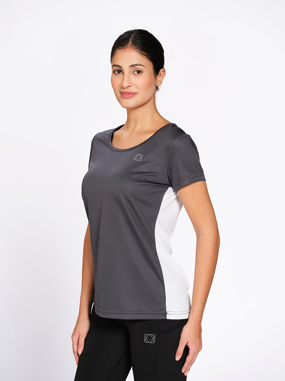 Dark Gray-White colourblocked rapid-dry performance t-shirt, on model — Munns & Mars