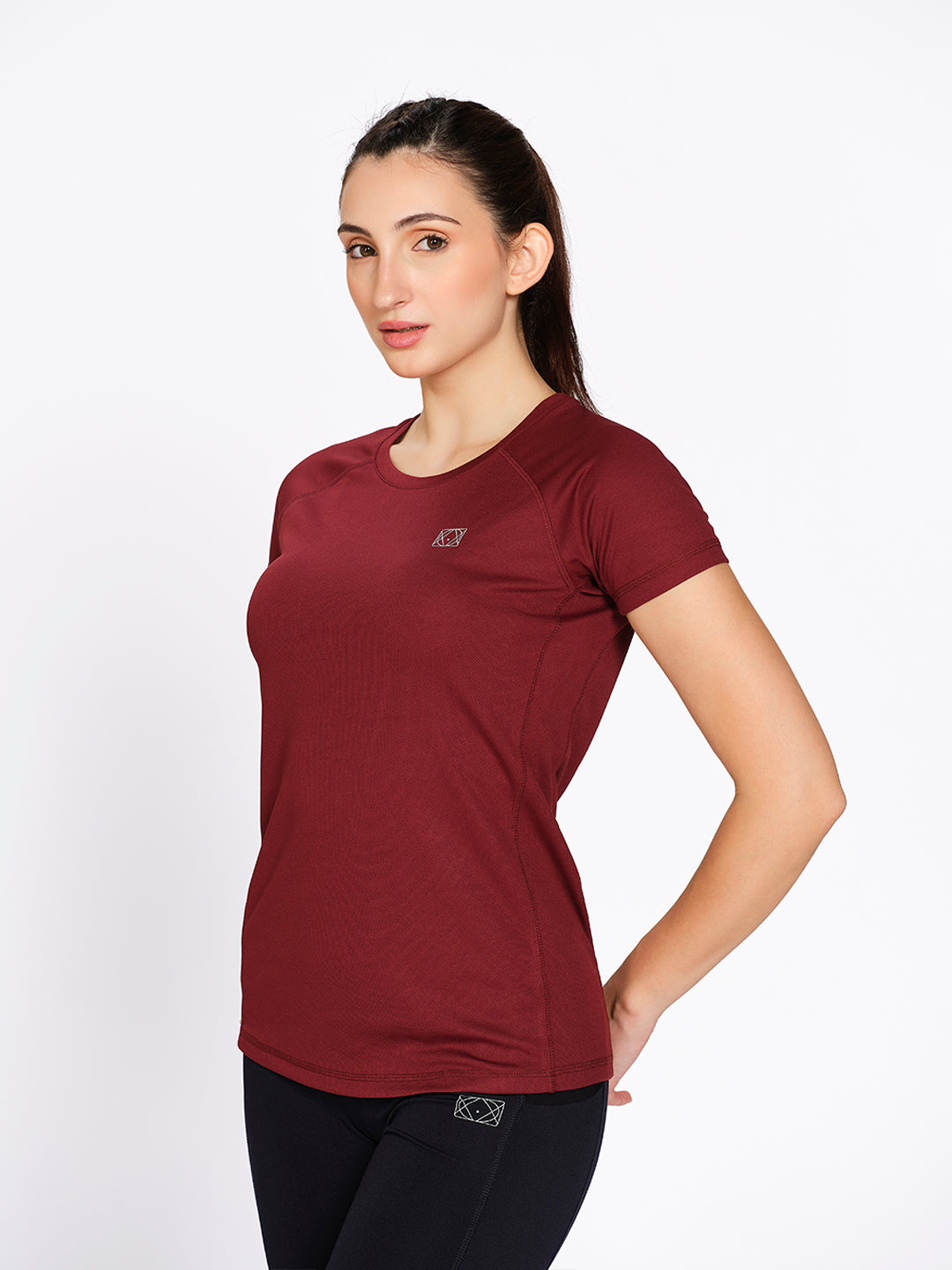 Burgundy raglan-sleeve dry-fit sports t-shirt, on model — Munns & Mars