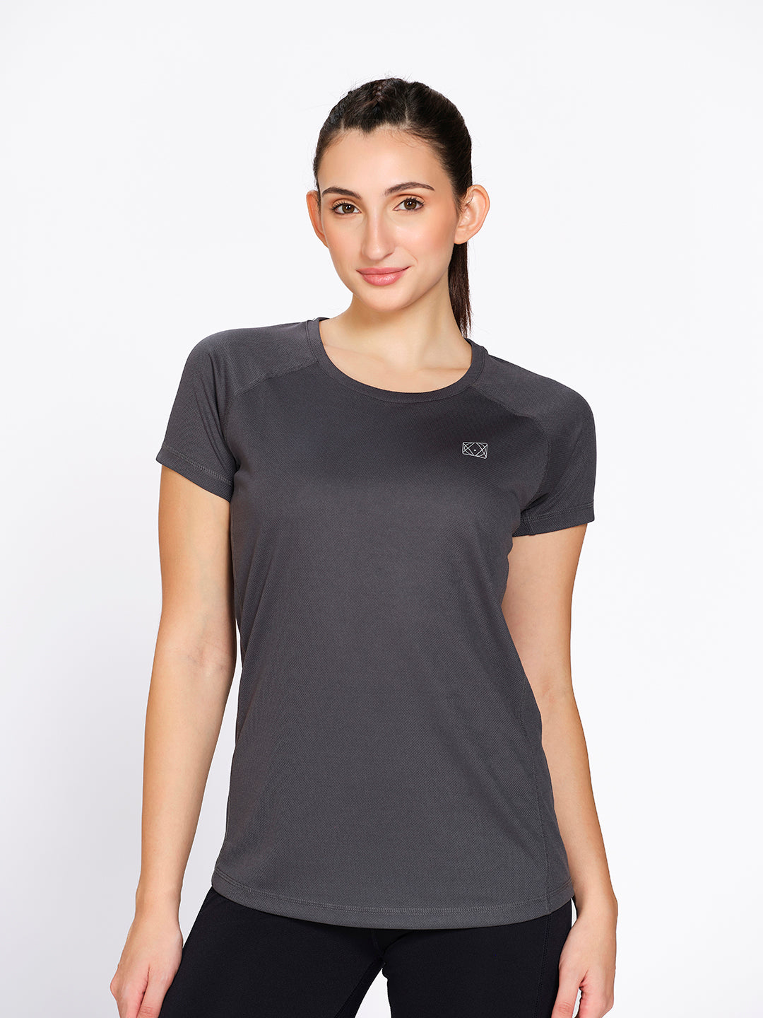Dark Charcoal raglan-sleeve dry-fit sports t-shirt, on model — Munns & Mars