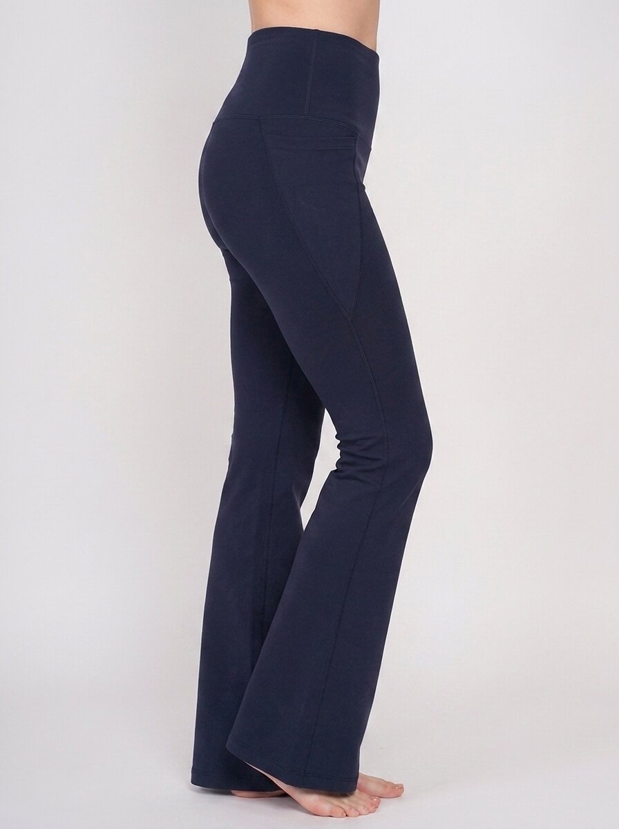 Navy Blue high-rise bootcut flare leggings, on model — Munns & Mars