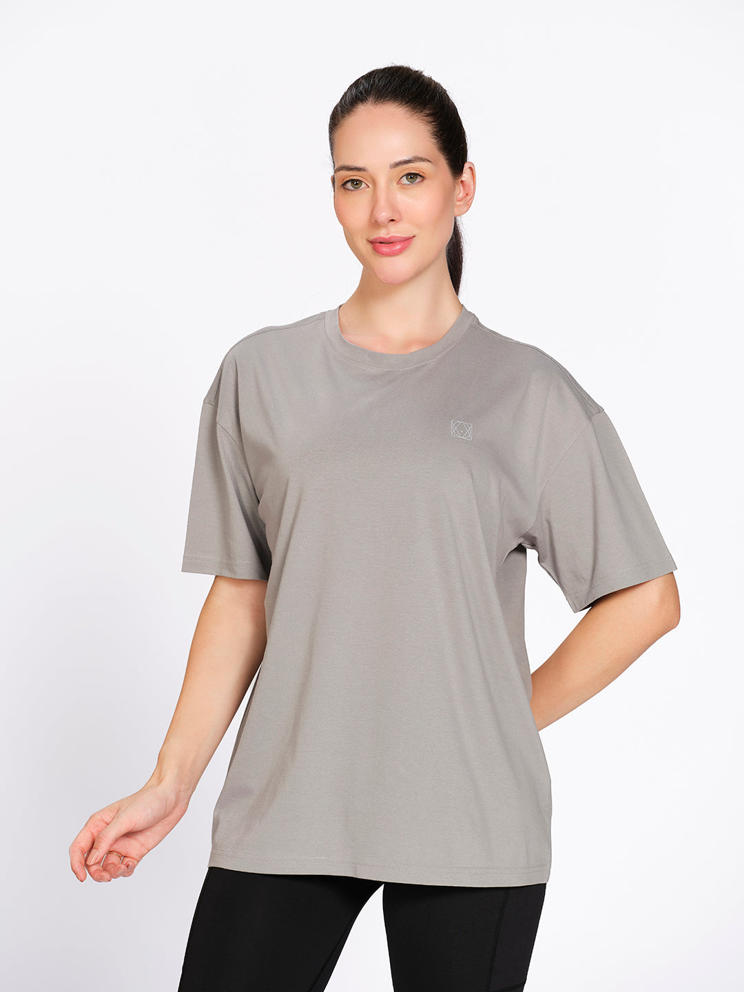Grey oversized hip-length cotton-spandex t-shirt, on model — Munns & Mars
