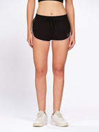 Black dry-fit running shorts with inner panty, on model — Munns & Mars