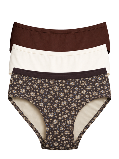 Mid Waist Hipster Panty With Outer Elastic Bundle Of 3 (Coffee|Cream|Brown)