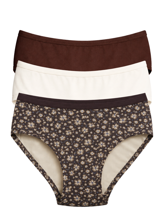 Mid Waist Hipster Panty With Outer Elastic Bundle Of 3 (Coffee|Cream|Brown)