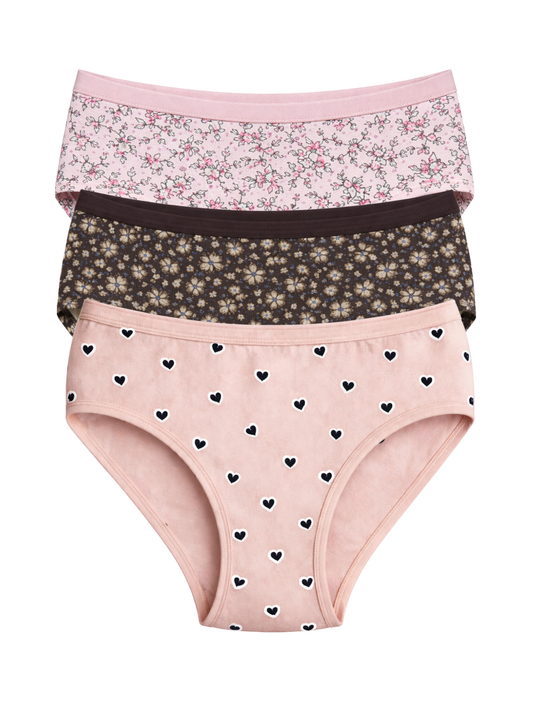 Mid Waist Hipster Panty With Outer Elastic Bundle Of 3 (Printed: Pink|Brown|Peach)