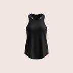 Black activewear racerback tank top, flat product shot — Munns & Mars