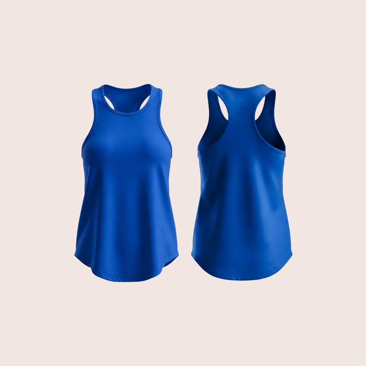 Navy Blue activewear racerback tank top, flat product shot, detail — Munns & Mars