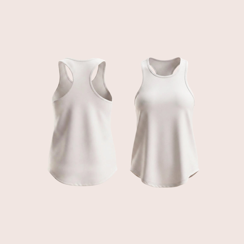 Grey activewear racerback tank top, flat product shot, detail — Munns & Mars