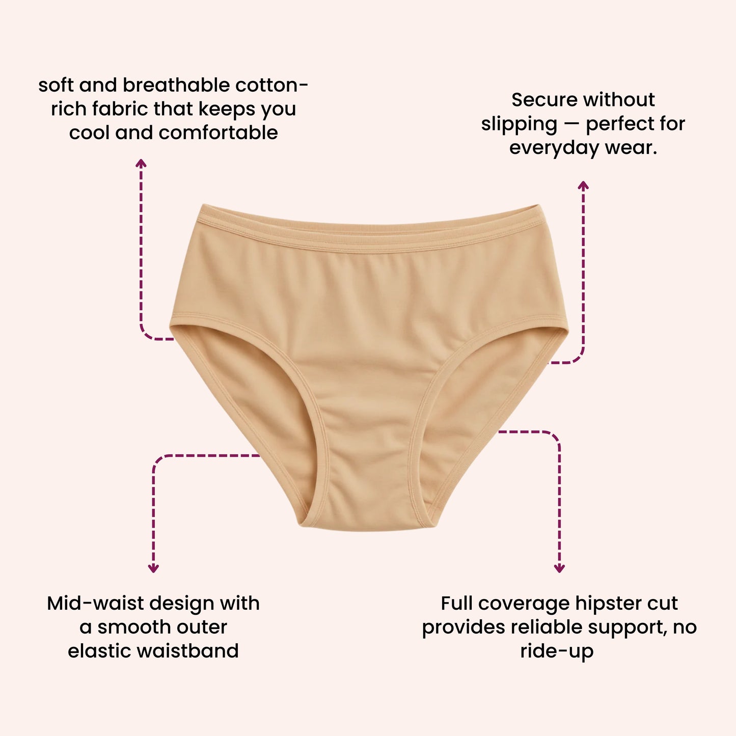 Mid Waist Hipster Panty With Outer Elastic - Peach Heart Printed