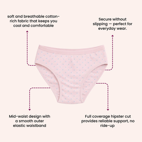 Mid Waist Hipster Panty Polka Dots Print With Outer Elastic- Baby Pink