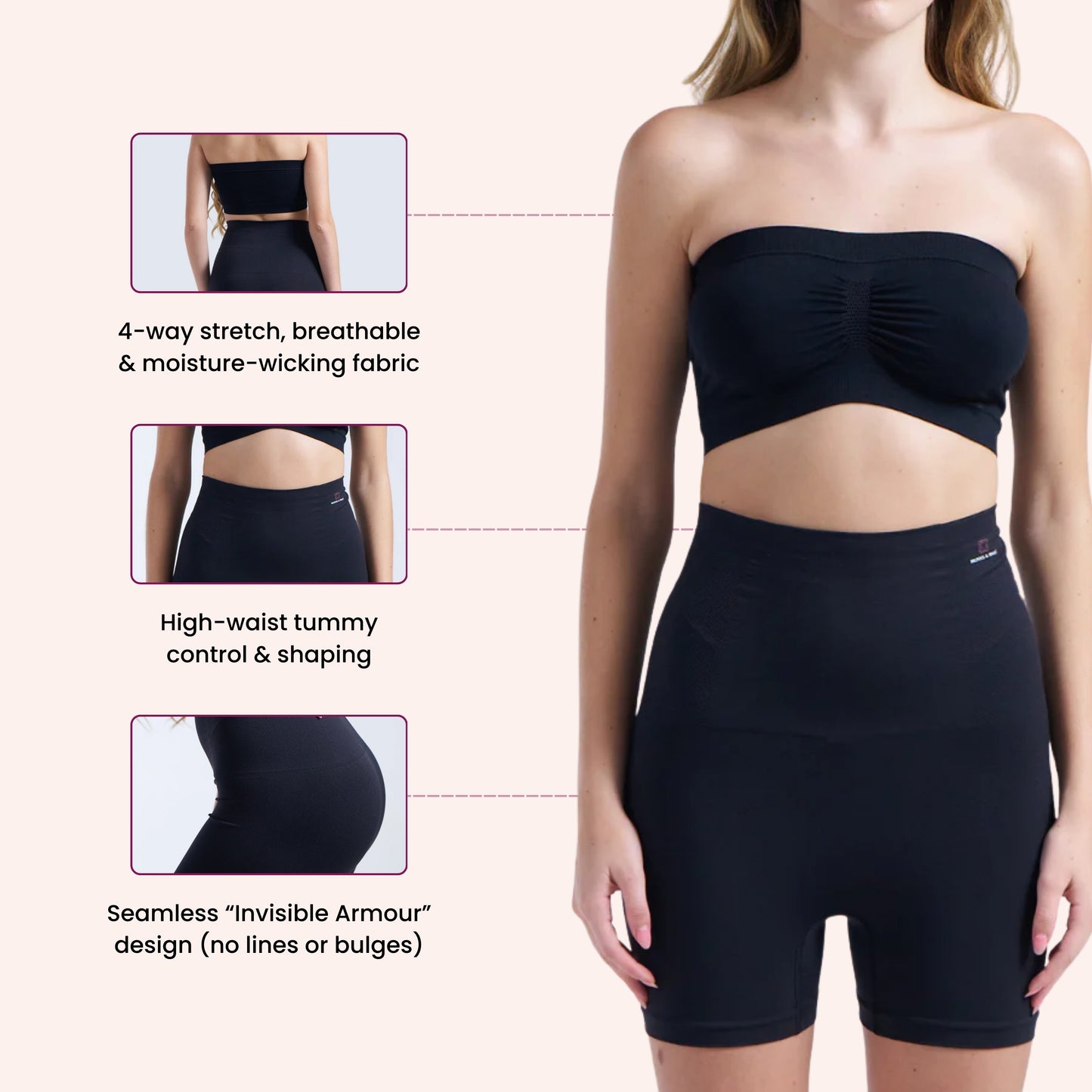 Munns & Mars Bundle of Seamless Non-Padded Tube Bra-Black And Tummy & Thigh Short-Black