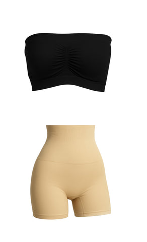 Munns & Mars Bundle of Seamless Non-Padded Tube Bra-Black And Tummy & Thigh Short-Beige
