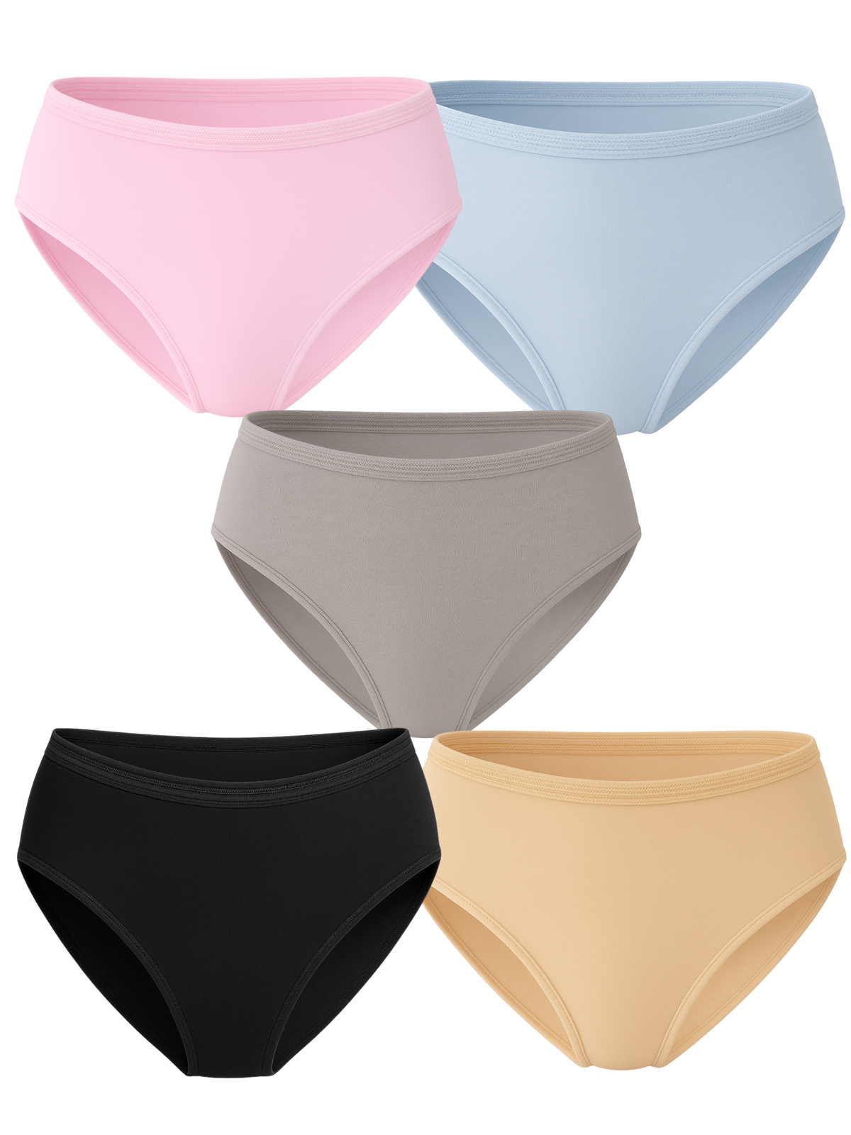 Mid Waist Hipster Panty With Outer Elastic Bundle Of 5 - (Baby Pink, Sky Blue, Ash Grey, Black & Beige)