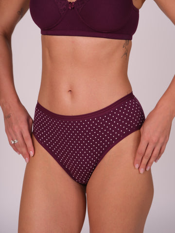 Mid Waist Hipster Panty Polka Dots Print With Outer Elastic- Dark Purple