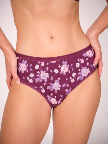 Mid Waist Hipster Panty Floral Print With Outer Elastic- Dark Purple