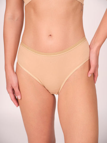 Mid Waist Hipster Panty With Outer Elastic- Beige