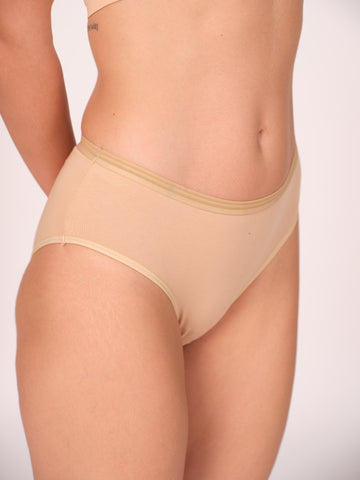 Mid Waist Hipster Panty With Outer Elastic- Beige