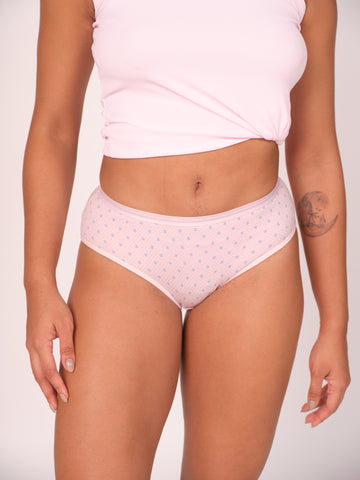Mid Waist Hipster Panty Polka Dots Print With Outer Elastic- Baby Pink