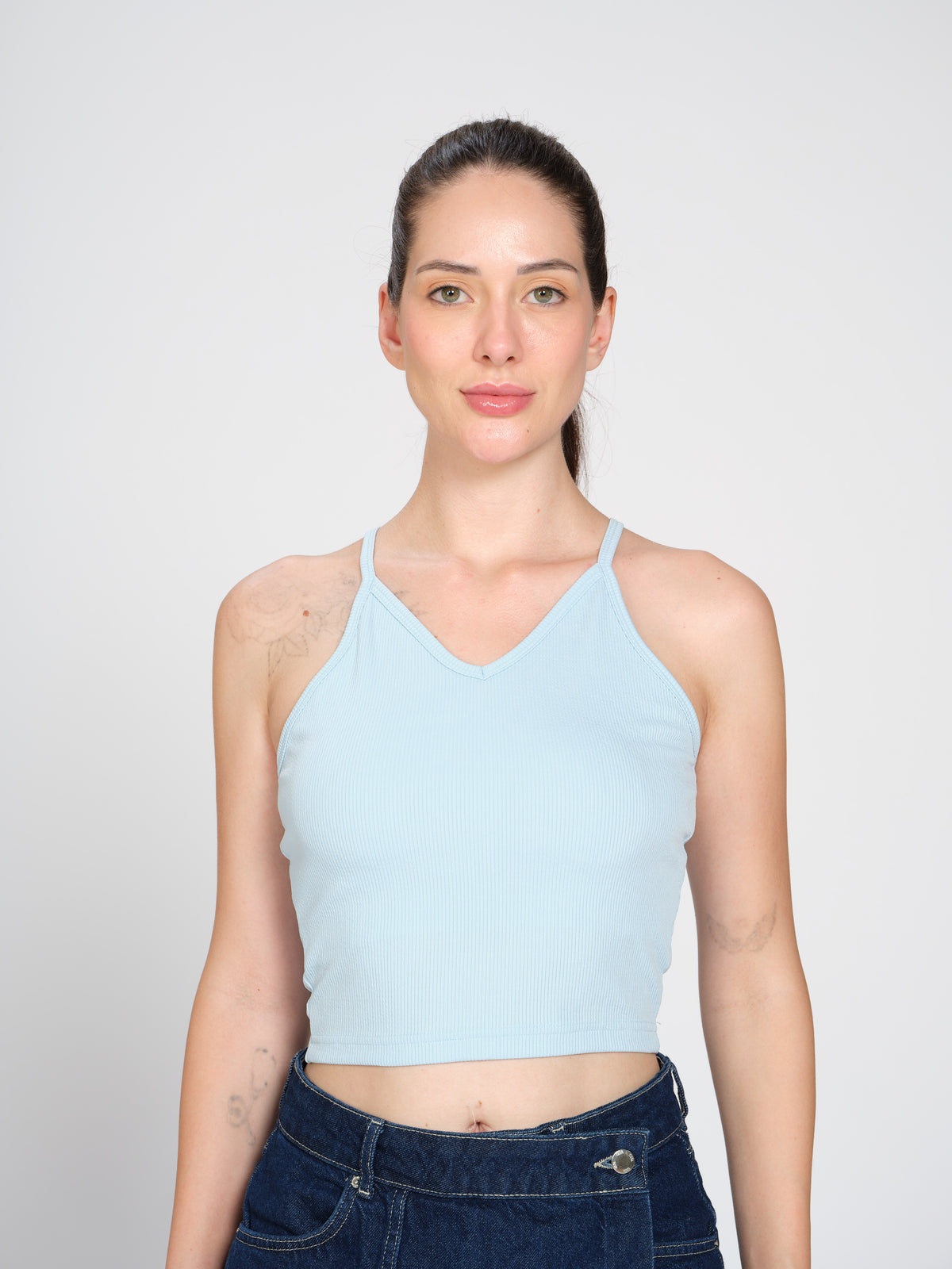 Sky Blue spaghetti-strap tank top, on model — Munns & Mars